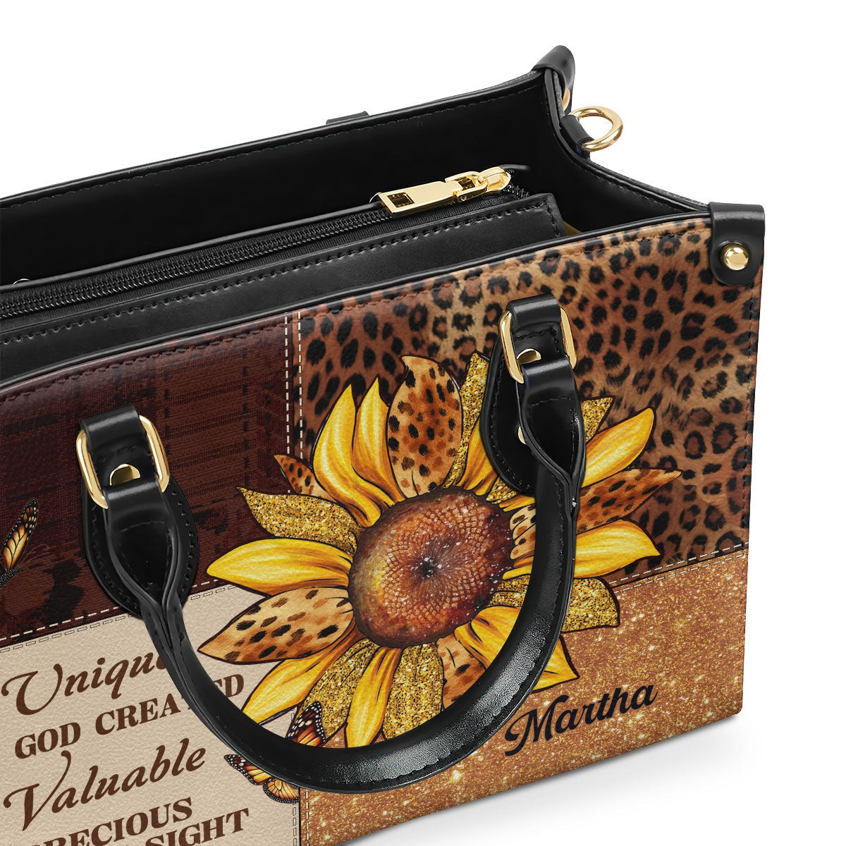 Personalized Christian Leather Handbag, Sunflower Leopard Print Purse, You Are Unique Valuable Precious Bible Verse Bag BLAF45